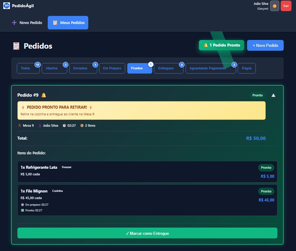 Pedido pronto para retirar na cozinha e entregar ao cliente